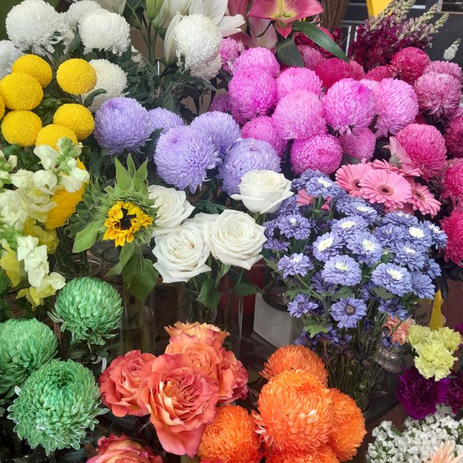 A vibrant arrangement of fresh flowers featuring white roses, yellow chrysanthemums, purple daisies, pink pom-pom chrysanthemums, and orange dahlias, all displayed in glass vases on a table. The flowe