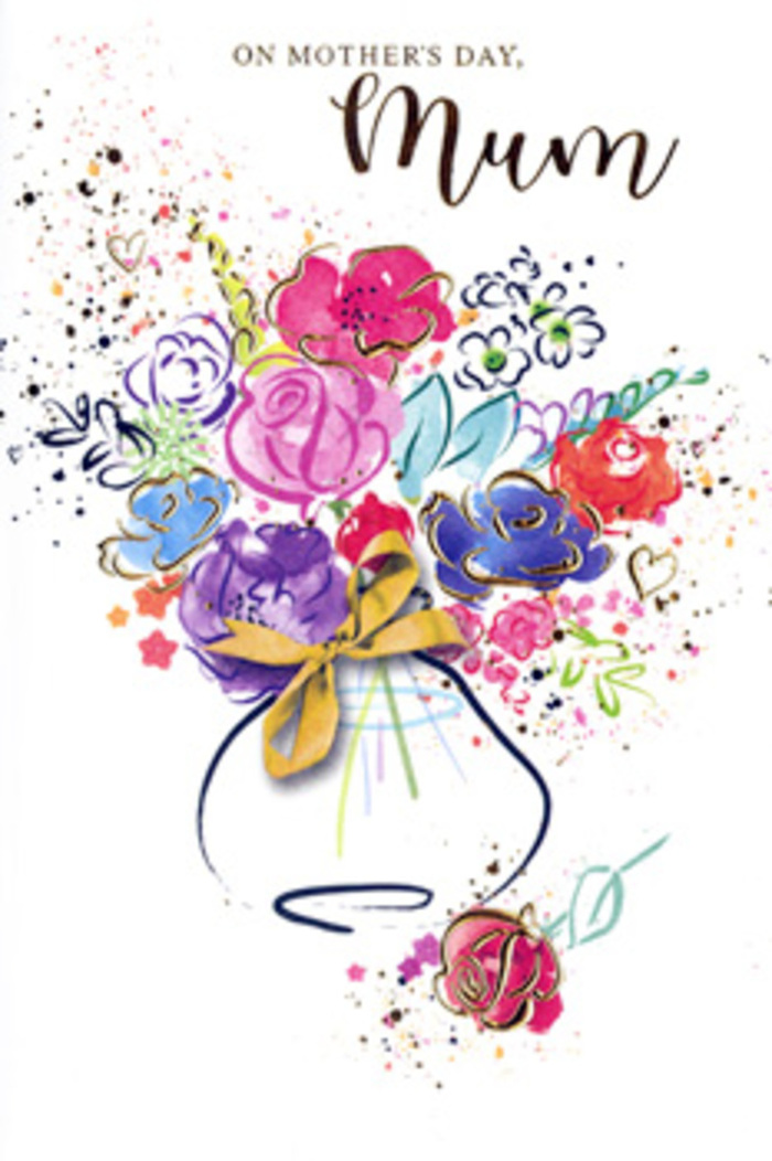 The card's illustration presents an exuberant, almost musical bouquet, painted in loose watercolour strokes that capture the emotion of Mother's Day more than any strict botanical detail. Sweeping dabs of hot pink and cerise create generous blossoms at the centre, edged with indigo lines that hint at layered petals unfolding, much like roses or peonies at their peak. Between these brighter blooms, softer apricot notes and blush tones appear, supported by touches of chartreuse and deeper green foliage that weave through the bouquet, as if gathered from pocket gardens and balconies around Old Ford Road. Intricate but restrained golden accents trace along select petals and leaves, giving the impression of a soft, internal glow, like the warmth of a mother's hug at the end of a long day. The bouquet rises from a whimsical vase painted in pale washes, with its base gently flared and its neck cinched with a narrow golden bow that recalls the traditional flourish added by local florists before a bouquet is handed over. Around this central arrangement, light-hearted splashes of colour and stylised heart shapes linger in the surrounding white space, bringing a sense of joyous movement, as if petals were drifting on a breeze from the nearby River Lea. The composition feels both free and intentional: each stroke is loose, yet thoughtfully placed to balance colour and form. It transforms the card into more than a simple greeting; it becomes a keepsake image that holds gratitude, admiration, and unconditional love for Mum, reflective of Old Ford's blend of heritage and creative, modern life.