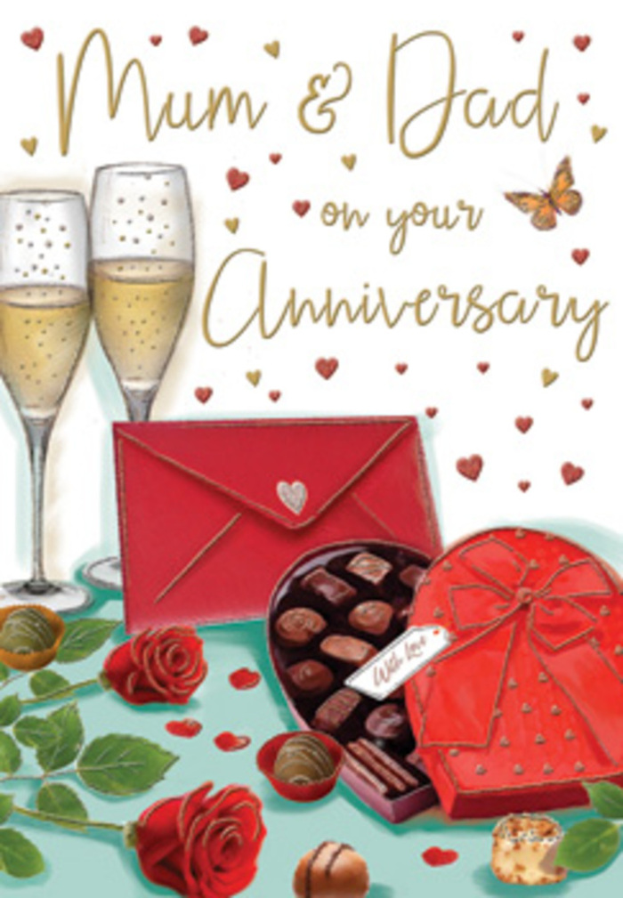 This beautifully composed anniversary card paints a scene of indulgent romance that feels as if it could be unfolding in a candlelit flat near Old Ford Road. Central to the design are two elegant champagne flutes, drawn with slender precision, their glass surfaces reflecting subtle highlights that give them a lifelike clarity. The champagne they hold is a soft, golden hue, with streams of delicate bubbles rising steadily, capturing the instant before a shared toast. Just in front sits a heart-shaped box of chocolates, the focal point of the lower half of the card. The box is a deep, rich red, and the lid is open to reveal an enticing pattern of evenly spaced truffles, their rounded tops shaded to suggest a smooth, glossy finish. A luxuriant red satin bow crowns the box, its loops full and generous, echoing the romantic tone of the design. A few chocolates have been placed casually on the tabletop, hinting at the pleasure of picking and sharing favourites. To the side, two red roses lie in quiet splendour, their petals tightly layered and velvety, as lush and flawless as flowers selected that morning from a skilled Old Ford florist's bench. Their green foliage spreads gently behind, adding contrast and a touch of natural softness to the warm reds and golds. A bright scarlet envelope rests nearby, its flap neatly sealed, suggesting a private message of love, perhaps celebrating many years of marriage. In the surrounding space, tiny golden and crimson hearts float in gentle arcs, creating a subtle frame that enhances the intimacy of the composition. The overall feeling is one of warmth, affection, and the simple, timeless pleasures of marking an anniversary with roses, chocolates, and champagne.