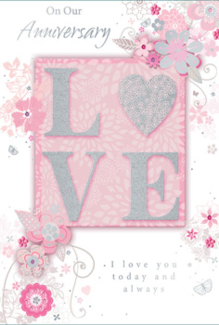 In this image, an anniversary card unfolds with the quiet warmth of a sunlit Old Ford living room. The central motif is the word LOVE, rendered in tall, slightly rounded letters that stand up from the surface in raised relief. Each letter is coated with a frosting of fine glitter in blush pink and silver, giving a frosted-glass effect that plays gently with the light. The texture looks inviting and luxurious, like the velvety feel of fresh rose petals delivered early in the morning. Around this focal point drift wispy, hand-drawn blooms and slender sprays of foliage, arranged along the card's borders and flowing inward. Their colours are soft and harmonious-pale pink, lilac-tinged blush, creamy ivory, and delicate grey-echoing the pastel palettes often chosen for anniversary bouquets sent to homes around Old Ford and Victoria Park. The linework is detailed yet light, with filigree curls, tiny leaves, and scarcely noticeable butterflies suggesting subtle movement, as though a breeze were rustling through a garden. The background is a gentle blush tone, providing a serene stage that lets the raised glitter letters and floral decoration shine without harsh contrast. Inside, the phrase I love you today and always, or a similar sentiment, is printed in reserved, flowing typography, leaving plenty of white space so the words can breathe. The card feels like a paper version of a bespoke floral arrangement-considered, balanced, and deeply personal. It could easily be imagined standing beside a vase of pastel roses on a table near the canal, a quiet tribute to enduring affection and the everyday joy of sharing a home in Old Ford.