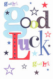 A bold, cheerful good luck card lies centered against a clean white backdrop, its design captured in soft, natural daylight as if resting on a tidy tabletop in a cosy Old Ford flat. The phrase Good Luck dominates the card, each letter rendered in a different, carefully chosen font and colour, giving the words the joyful variety of a handpicked bouquet. Oversized pastel-blue characters curve gently alongside deep, confident reds, mossy greens, inky blacks, and rich purples, their edges crisp and smooth like freshly printed ribbon. Scattered across the bright white background are stars in every size and shade-navy, indigo, sky blue, lilac, and hints of lemon-lime-drifting in loose constellations that echo the idea of dreams and possibilities opening up like a clear night over Victoria Park. The surface of the card looks flawlessly smooth and slightly satin, inviting fingertips to trace the letters and tiny stars, much like running a hand over quality cardstock on a greeting attached to a hand-tied bouquet. The layout feels balanced yet delightfully playful, with letters nudging and overlapping just enough to feel informal and warm, as though designed by a local artist who knows the excitement of exam days, first days at work in Canary Wharf, or auditions in the West End. This card radiates the same heartfelt optimism you'd feel when a friend presses it into your palm on Wick Lane after popping into a neighbourhood florist, quietly saying, I believe in you, and sending you off toward your next chapter with colour, kindness, and a little bit of magic.