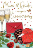The illustration on this anniversary card offers a tender, celebratory scene that feels right at home in Old Ford, perhaps after a relaxed dinner near Roman Road. Two champagne flutes stand together at the back of the composition, their slender stems and rounded bowls carefully rendered to capture the sparkle of reflected light. The champagne inside glimmers with a rich, golden tone, filled with tiny, suspended bubbles that seem to carry the promise of heartfelt toasts and shared stories. Further forward, a heart-shaped box of chocolates commands attention. Its deep red shell is opened wide, revealing an orderly arrangement of smooth truffles, each one resting in its own little niche. A dramatic crimson bow, tied in satin loops, wraps the box, its sheen echoing the warmth of the surrounding palette. A few chocolates rest loose on the tabletop, adding a sense of casual enjoyment. To the side, two exquisite red roses lie with their heavy, velvety heads turned slightly toward the viewer. Their petals are rich and layered, the sort of blooms a local Old Ford florist might choose for a special anniversary delivery, their vibrant red softened by the surrounding glossy green leaves. A bright scarlet envelope, sealed and tilted at a gentle angle, suggests the presence of loving words, perhaps an anniversary card to Mum and Dad filled with memories and gratitude. All around, tiny golden and crimson hearts drift across a light, neutral background, giving the design movement and a playful touch. The entire scene glows with warmth, romance, and the comforting sense of a love that has been nurtured over many years, celebrated quietly with flowers, fizz, and chocolate.